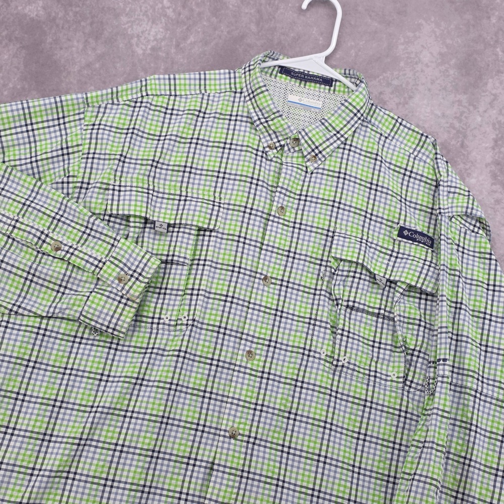 Columbia PFG Super Bahama Mens XL Green Plaid‎ Long Sleeve Fishing Shirt Vent